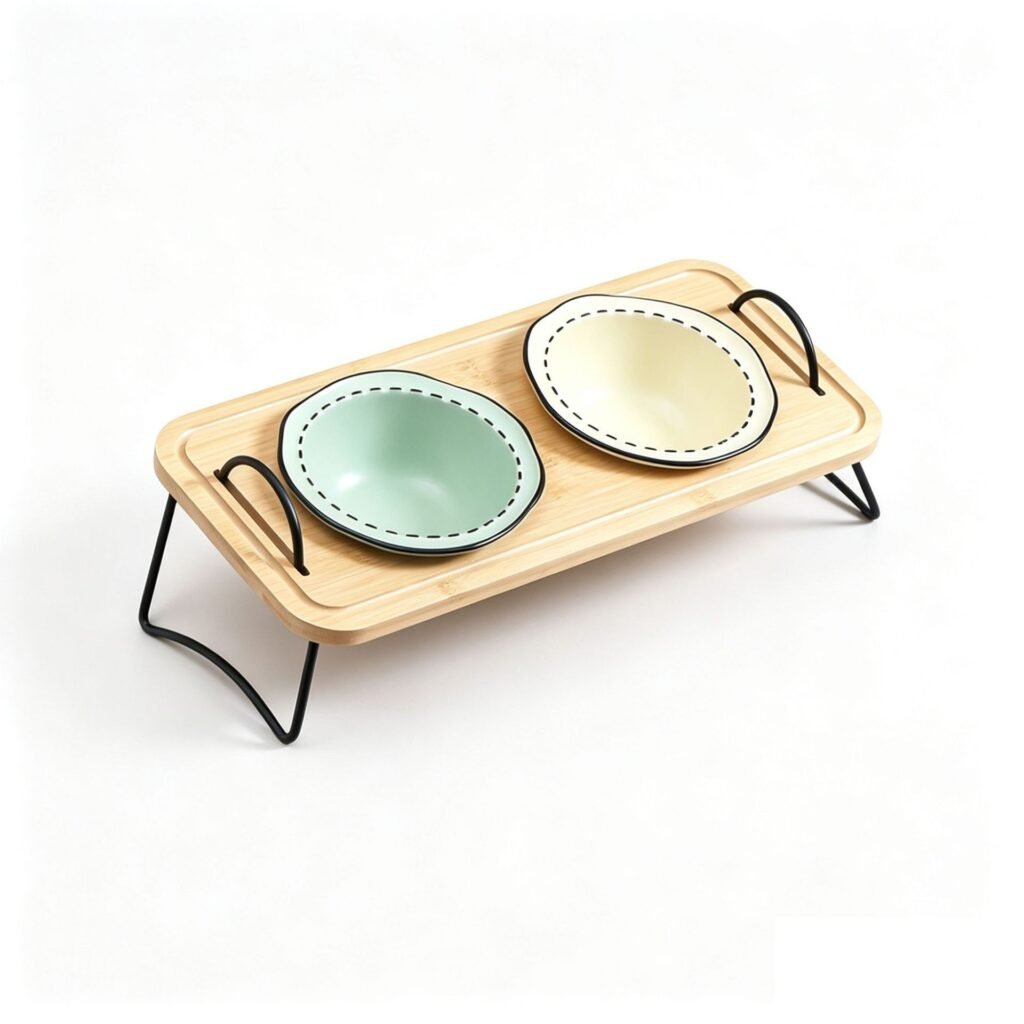 Comic-line Ceramic Pet Bowl | Removable Bamboo Stand | Raised Feeder | Wholesale